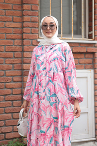 Kırlangıç Desenli Elbise Fuşya