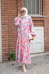 Kırlangıç Desenli Elbise Fuşya