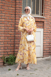 Kırlangıç Desenli Elbise Sarı