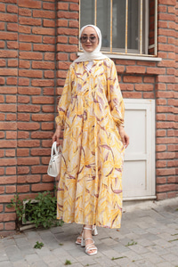 Kırlangıç Desenli Elbise Sarı