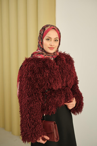 Kıvırcık Detay Kürk Kaban Bordo