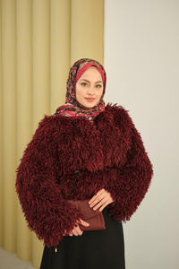 Kıvırcık Detay Kürk Kaban Bordo