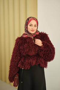 Kıvırcık Detay Kürk Kaban Bordo