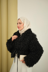 Kıvırcık Detay Kürk Kaban Siyah