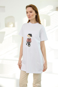 Kız Ayıcık Baskılı Basic Kısa Kollu İçlik Beyaz