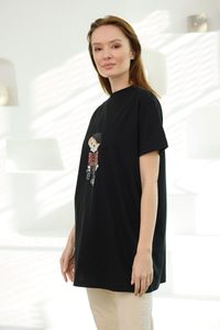 Kız Ayıcık Baskılı Basic Kısa Kollu İçlik Siyah