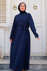 Kol Arma Detaylı Bisiklet Yaka Elbise Lacivert