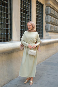 Kol Arma Detaylı Bisiklet Yaka Elbise Açık Yeşil