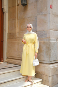 Kol Arma Detaylı Bisiklet Yaka Elbise Sarı