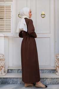 Kol Arma Detaylı Bisiklet Yaka Elbise Kahverengi