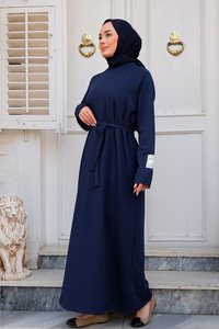 Kol Arma Detaylı Bisiklet Yaka Elbise Lacivert