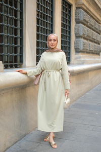 Kol Arma Detaylı Bisiklet Yaka Elbise Açık Yeşil