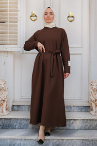 Kol Arma Detaylı Bisiklet Yaka Elbise Kahverengi