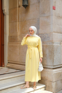 Kol Arma Detaylı Bisiklet Yaka Elbise Sarı