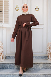 Kol Arma Detaylı Bisiklet Yaka Elbise Kahverengi