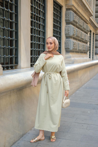 Kol Arma Detaylı Bisiklet Yaka Elbise Açık Yeşil