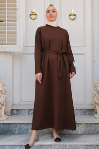 Kol Arma Detaylı Bisiklet Yaka Elbise Kahverengi