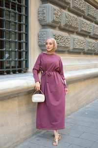 Kol Arma Detaylı Bisiklet Yaka Elbise Bordo