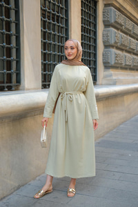 Kol Arma Detaylı Bisiklet Yaka Elbise Açık Yeşil