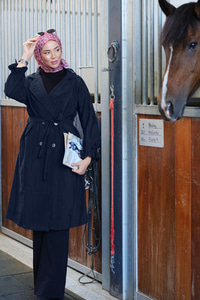 Kol Bağcık Detay Bel Bağlamalı Trençkot Lacivert