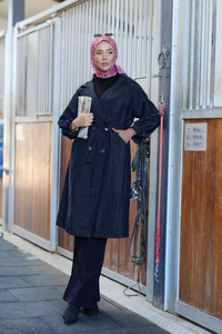 Kol Bağcık Detay Bel Bağlamalı Trençkot Lacivert