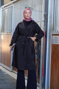 Kol Bağcık Detay Bel Bağlamalı Trençkot Siyah