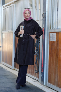 Kol Bağcık Detay Bel Bağlamalı Trençkot Siyah