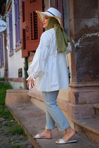 KOL BAGLAMALI BEL FIRFIR DETAY GOMLEK Kırık Beyaz