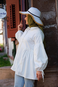 KOL BAGLAMALI BEL FIRFIR DETAY GOMLEK Kırık Beyaz