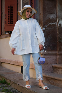 KOL BAGLAMALI BEL FIRFIR DETAY GOMLEK Kırık Beyaz