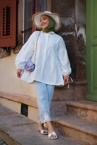 KOL BAGLAMALI BEL FIRFIR DETAY GOMLEK Kırık Beyaz