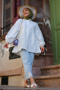 KOL BAGLAMALI BEL FIRFIR DETAY GOMLEK Kırık Beyaz