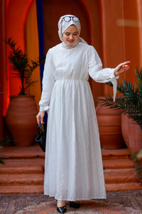 Kol Bağlamalı Jakar Elbise Beyaz