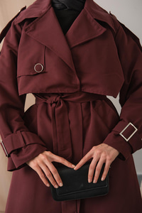 Kol Bilek Detay Bağlamalı Trençkot Bordo