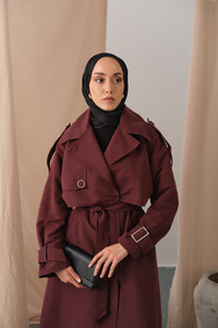 Kol Bilek Detay Bağlamalı Trençkot Bordo