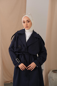 Kol Bilek Detay Bağlamalı Trençkot Lacivert