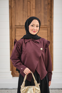 Kol Büzgülü Broş Detay Gömlek Mürdüm