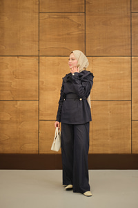 Kol Büzgülü Düğme Detay Bel Bağlamalı Takım Lacivert