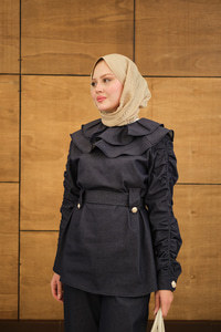 Kol Büzgülü Düğme Detay Bel Bağlamalı Takım Lacivert