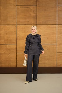 Kol Büzgülü Düğme Detay Bel Bağlamalı Takım Lacivert