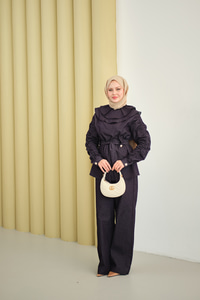 Kol Büzgülü Düğme Detay Bel Bağlamalı Takım Mor