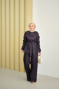 Kol Büzgülü Düğme Detay Bel Bağlamalı Takım Mor