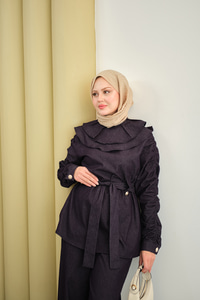 Kol Büzgülü Düğme Detay Bel Bağlamalı Takım Mor