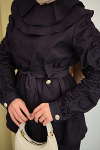 Kol Büzgülü Düğme Detay Bel Bağlamalı Takım Mor