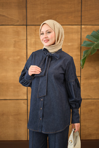 Kol Büzgülü Düğme Detay Yaka Bağlamalı Kot Pantolonlu Takım Lacivert