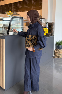 Kol Büzgülü Düğme Detay Yaka Bağlamalı Kot Pantolonlu Takım Lacivert