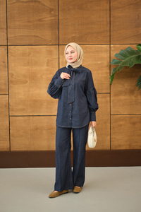 Kol Büzgülü Düğme Detay Yaka Bağlamalı Kot Pantolonlu Takım Lacivert