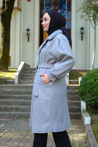 Kol Büzgülü Gofreli Kruvaze Yaka Kaşe Gri