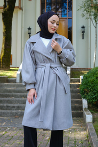 Kol Büzgülü Gofreli Kruvaze Yaka Kaşe Gri