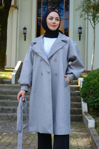 Kol Büzgülü Gofreli Kruvaze Yaka Kaşe Gri